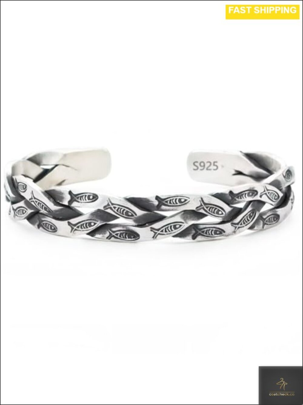 S925 Sterling Silver Open Bangle Cuff Bracelet Men's Gift Jewelry Braided Fish